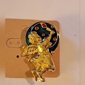 Gold and Green Angel Brooch Pin Christmas